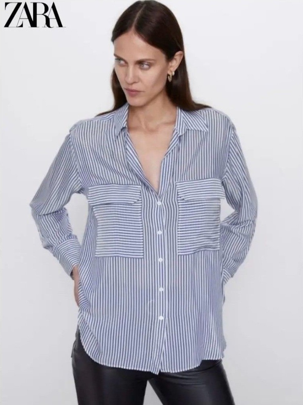 Zara Blue and White Stripe Shirt with Pockets Small
